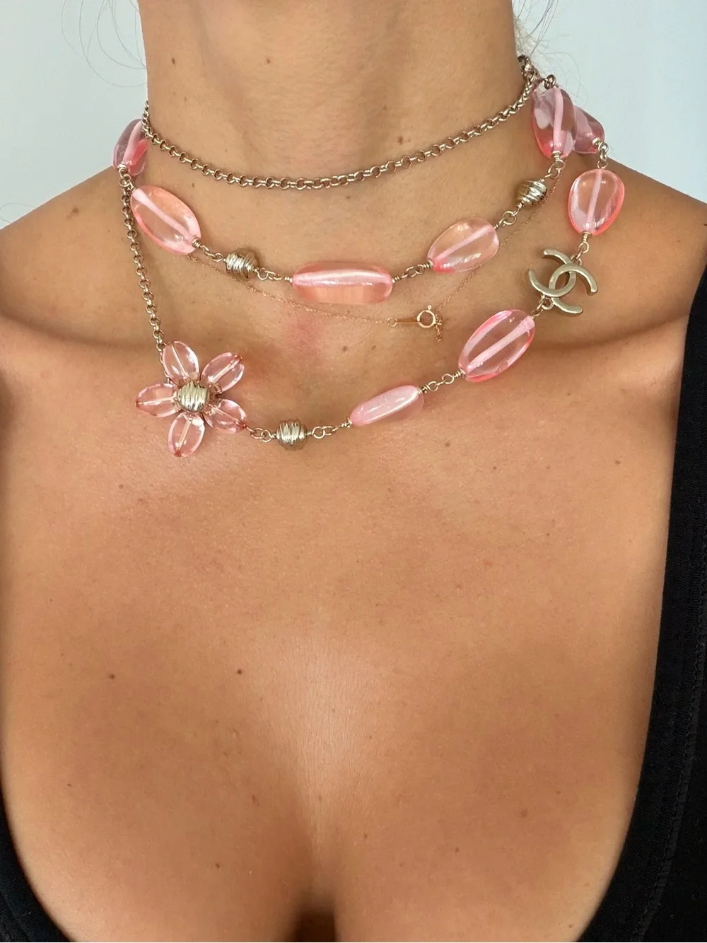 🌸CHANEL Pink Bead Camellia & CC Charm Layered Necklace🌸